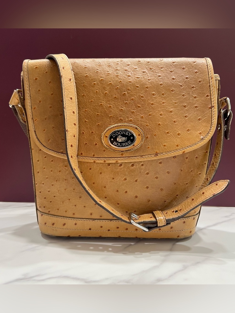 Vintage Dooney & Bourke Ostrich Embossed Leather Large Flap Bag Crossbody Strap